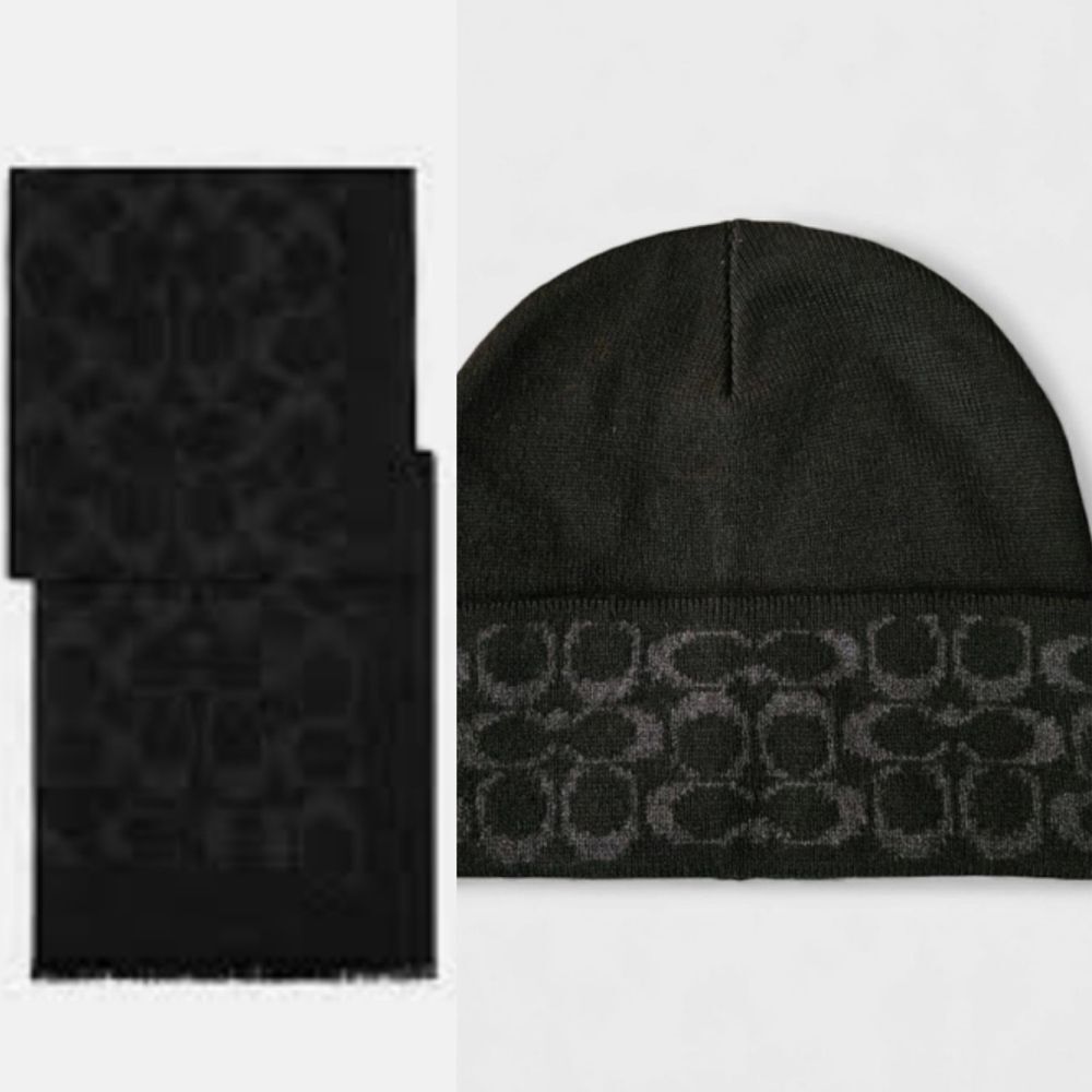 Coach‎ Black Logo Monogram Scarf & Beanie Hat Set